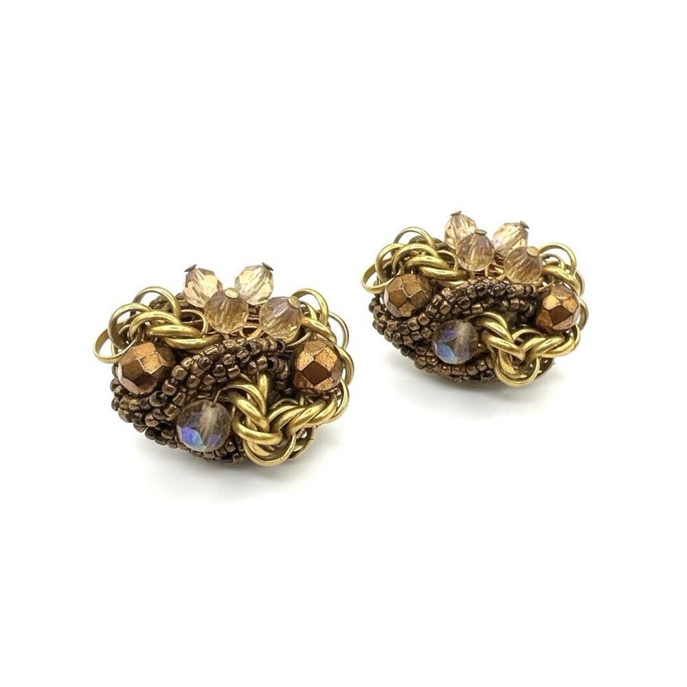 Vintage Jonne house Earrings Clip Bronze AB Crystal Gold Tone Mob Wife
